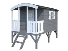 Load image into Gallery viewer, Kids Wooden Playhouse DIY Kit Little Bungalow  in white and gray on stilts with white background by WholeWoodPlayhouses
