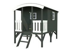 Load image into Gallery viewer, Kids Outdoor Playhouse DIY Kit Little Bungalow  in dark gray and white on stilts with white background by WholeWoodPlayhouses
