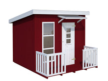 Load image into Gallery viewer, Wooden Playhouse DIY Playhouse Kit Little Cabin  in red and white with wooden terrace and railing by WholeWoodPlayhouses
