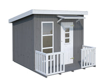 Load image into Gallery viewer, Wooden Outdoor DIY Playhouse Kit Little Cabin in gray and white with window, door   with small roof by WholeWoodPlayhouses
