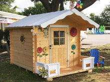 Load image into Gallery viewer, Outside of assembled wooden kids playhouse DIY Kit Little Cabin with decorations | outdoor playhouse DIY kit by WholeWoodPlayhouses
