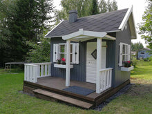 Load image into Gallery viewer, Kids Outdoor playhouse Little Cottage Assembled Outside, Walls Painted Gray, White Window Trims, Terrace Brown With White Railings, Assembled Outside by WholeWoodPlayhouses

