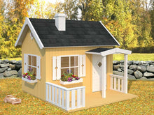 Load image into Gallery viewer, Wooden Kids Playhouse DIY Kit Little Cottage in yellow in the fall | outdoor playhouse DIY kit by WholeWoodPlayhouses
