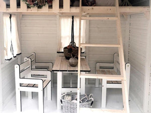 Inside Kids Playhouse Arctic Nario New Farmhouse Style Playhouse, Black And White Style Furniture of Kids Playhouse, One Bench, Two Chairs, Table by WholeWoodPlayhouses