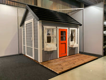 Load image into Gallery viewer, Gray Color Wooden Playhouse With Open Windows And Black Roof By WholeWoodPlayhouses
