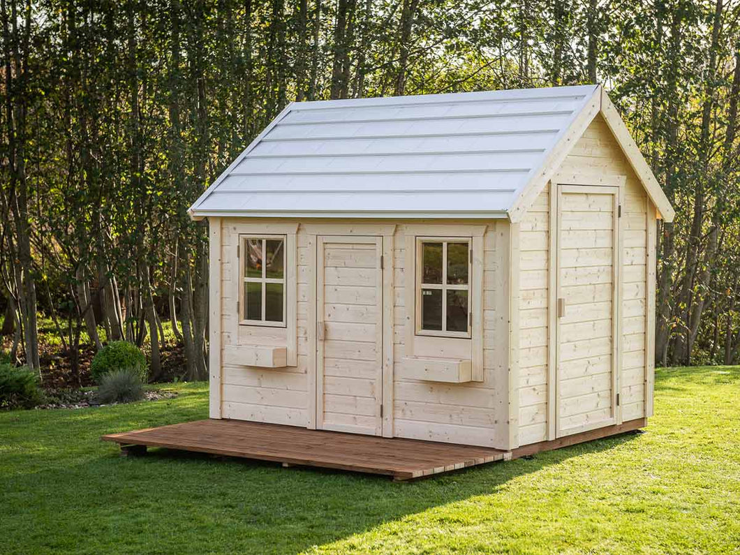 Kids Playhouse Natural Wonder from the front, showing Main Door, Adult Door, terrace by WholeWoodPlayhouses