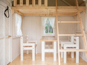 Furniture of Kids Playhouse Nordic Nario, one Bench, two Chairs and a Table by WholeWoodPlayhouses