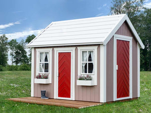 Kids OutDoor Playhouse Plum With Terrace. Beige Walls, Red Doors, And White Flower Boxes In A Backyard. View From The Right Side By WholeWoodPlayhouses