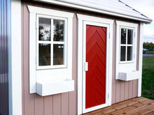 Load image into Gallery viewer, Close up of the front windows and door of Wooden Playhouse Plum by WholeWoodPlayhouses
