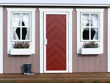 Load image into Gallery viewer, Kids Outdoor Playhouse Plum with wooden terrace and  red herringbone door by WholeWoodPlayhouses
