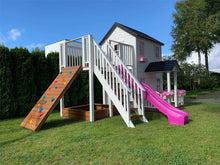 Load image into Gallery viewer, 2-Story white and pink wooden playhouse Princess with climbing wall, wooden balcony  and sandbox by WholeWoodPlayhouses
