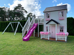 2- story Wooden Playhouse Princess with pink slide, wooden balcony and sandbox by WholeWoodPlayhouses