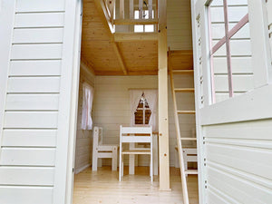 2-Story wooden playhouse Princess inside view with kids furniture set by WholeWoodPlayhouses