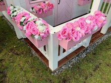 Load image into Gallery viewer, 2-Story wooden playhouse Princess close up of the wooden porch with white railing with pink flower boxes by WholeWoodPlayhouses
