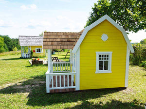 Kids Playhouse Sunny Sadie with Gambrel roof | yellow Outdoor Playhouse with patio and railing by WholeWoodPlayhouses