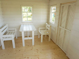 Kids playhouse Sunny Sadie inside view | kids furniture set inside of Kids Playhouse by WholeWoodPlayhouses
