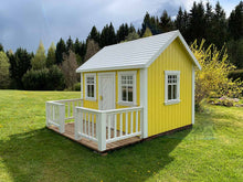 Load image into Gallery viewer, Yellow Outdoor Kids Playhouse Sunshine with a terrace and white fence by WholeWoodPlayhouses
