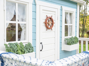 Close Up Of The Front Door, Windows And Flower Boxes Of Kids Wooden Playhouse Bluebird By WholeWoodPlayhouses