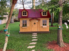 Load image into Gallery viewer, Outside Assembled Wooden Farmhouse Style Kids Outdoor Playhouse DIY Kit Little Farmhouse With Natural color Walls and red roof with small windows in the Backyard by WholeWoodPlayhouses
