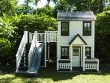 Load image into Gallery viewer, 2-Story white and black wooden playhouse Prince with gray slide, wooden balcony and sandbox by WholeWoodPlayhouses
