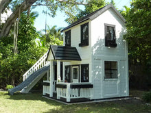 Load image into Gallery viewer, 2- story white and black Wooden Playhouse Prince rigt view by WholeWoodPlayhouses
