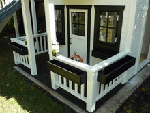Load image into Gallery viewer, 2- story Wooden Playhouse Prince Closeup of a porch with black flower boxes by WholeWoodPlayhouses
