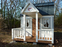 Load image into Gallery viewer, Outdoor Playhouse Grand Farmhouse With Terrace And White Railing by WholeWoodPlayhouses
