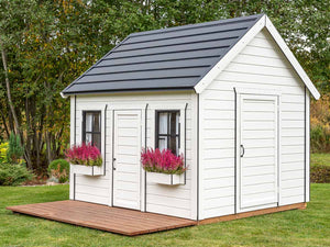 Kids Playhouse Arctic Auk, White Walls, Black Roof, Flower boxes, With Wooden Terrace by WholeWoodPlayhouses