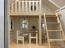 Load image into Gallery viewer, Inside of Kids Playhouse Arctic Auk, Ladder to Loft, Safety Railing, Kids Furniture, Curtains by WholeWoodPlayhouses
