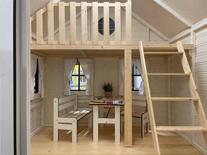 Inside of Kids Playhouse Arctic Auk, Ladder to Loft, Safety Railing, Kids Furniture, Curtains by WholeWoodPlayhouses