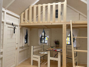 Inside of Kids Playhouse, White Walls, Natural Color Loft, Safety Railing, Kids Furniture, Curtains by WholeWoodPlayhouses