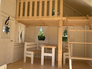 Painted inside of Wooden Playhouse Contryside  with kids furniture and loft by WholeWoodPlayhouses