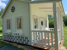 Load image into Gallery viewer, Close up of the porch with roof and door of Kids Outdoor Playhouse Contryside by WholeWoodPlayhouses
