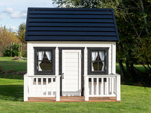 Load image into Gallery viewer,  Kids Wooden Playhouse Blackbird from Front with  Black metal roof and black Flower boxes and wooden terrace by WholeWoodPlayhouses

