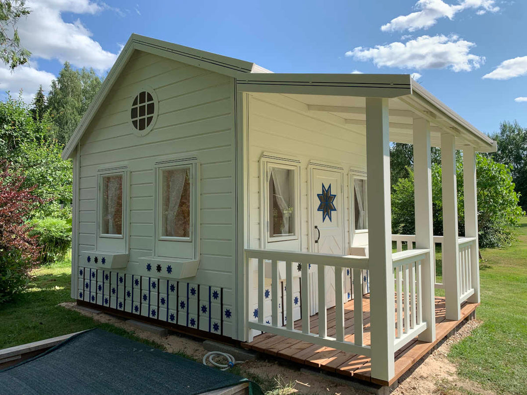 Wooden Playhouse in white and blue color with covered porch and flower boxes by WholeWoodPlayhouses
