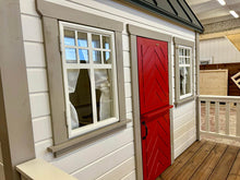Load image into Gallery viewer, Kids OutDoor Playhouse Farmhouse, Facade Close-Up, Two Opening Windows and Fishbone Style Dutch Doors by WholewoodPlayhouses
