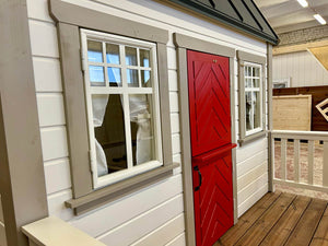 Kids OutDoor Playhouse Farmhouse, Facade Close-Up, Two Opening Windows and Fishbone Style Dutch Doors by WholewoodPlayhouses