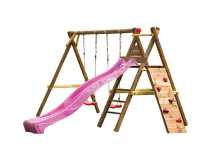 Kids outdoor playset Bosse with a slide, climbing wall and two swings on white background by WholeWoodPlayhouses