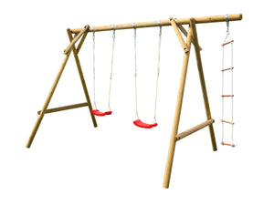 Kids outdoor swingset Magnus with two swings and a rope ladder by WholeWoodPlayhouses on white background