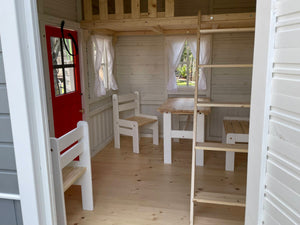 White Painted Interior Of Kids Wooden Playhouse Boy Cave with kids furniture, curtains and loft By WholeWoodPlayhouses