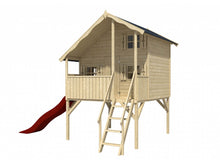 Load image into Gallery viewer, Front outside view of assembled wooden kids playhouse DIY Kit Little Fun Clubhouse on legs with a terrace, stairs and a red slideon white background | outdoor playhouse DIY kit by WholeWoodPlayhouses
