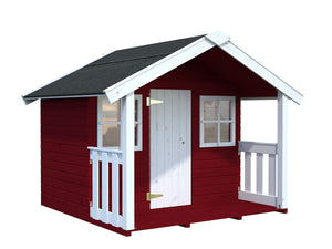 Red and white Wooden Kids Playhouse DIY Kit Little Hideaway Outdoor Playhouse with two windows and porch By WholeWoodPlayhouses
