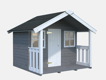 Load image into Gallery viewer, White and gray Wooden Kids Playhouse DIY Kit Little Hideaway Outdoor Playhouse with two windows and porch  By WholeWoodPlayhouses
