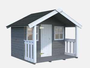 White and gray Wooden Kids Playhouse DIY Kit Little Hideaway Outdoor Playhouse with two windows and porch  By WholeWoodPlayhouses