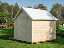 Load image into Gallery viewer, Natural wooden playhouse back view with a white roof and a side door in the backyard on green grass by WholeWoodPlayhouses
