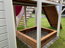 Load image into Gallery viewer, 2- story Outdoor Playhouse Princess Closeup of sandbox, ladder and climbing wall by WholeWoodPlayhouses
