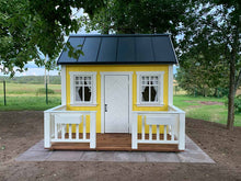 Load image into Gallery viewer, Front outside view of yellow Outdoor Kids Playhouse Sunshine with black roof by WholeWoodPlayhouses

